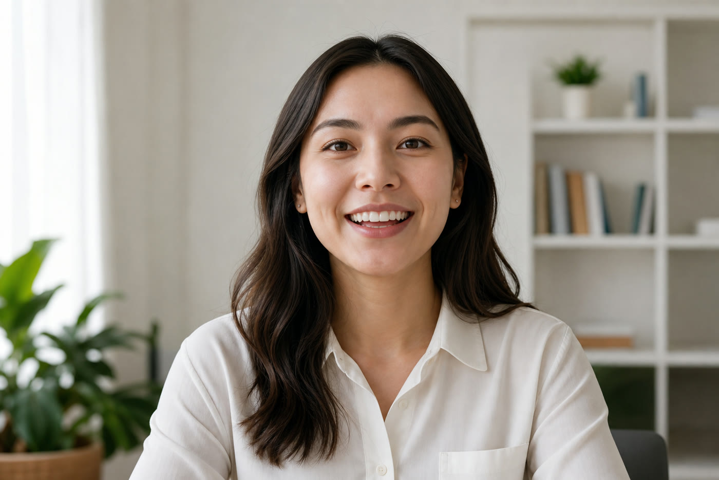 A candidate smiling at her laptop during her Rolekin AI interview from home
